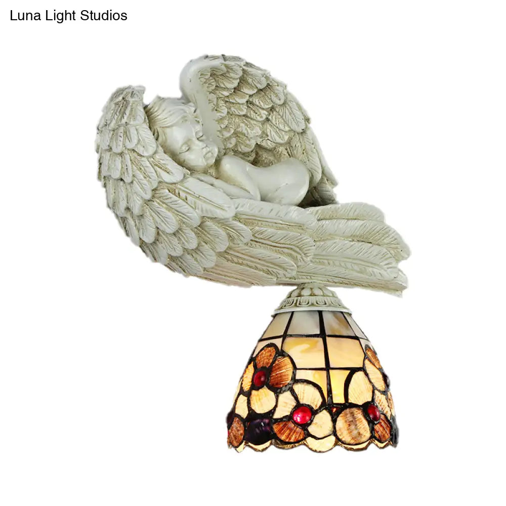 Rustic Loft Wall Sconce With Sleeping Angel - Shell Floral Design | 1 Head Lighting For Living Room