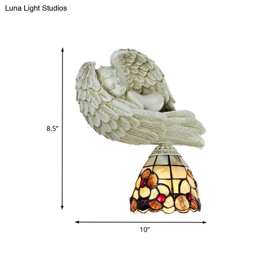 Rustic Loft Wall Sconce With Sleeping Angel - Shell Floral Design | 1 Head Lighting For Living Room