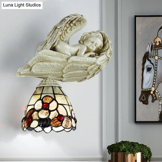 Rustic Loft Wall Sconce With Sleeping Angel - Shell Floral Design | 1 Head Lighting For Living Room