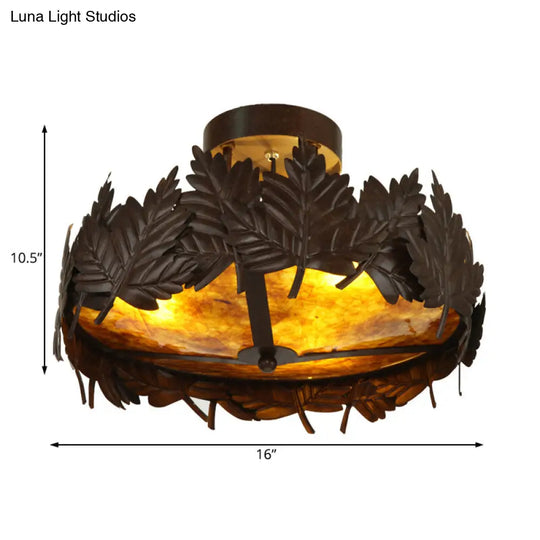 Rustic Maple Leaf Metal Semi Flush 3-Light Ceiling Fixture In Bronze For Living Room