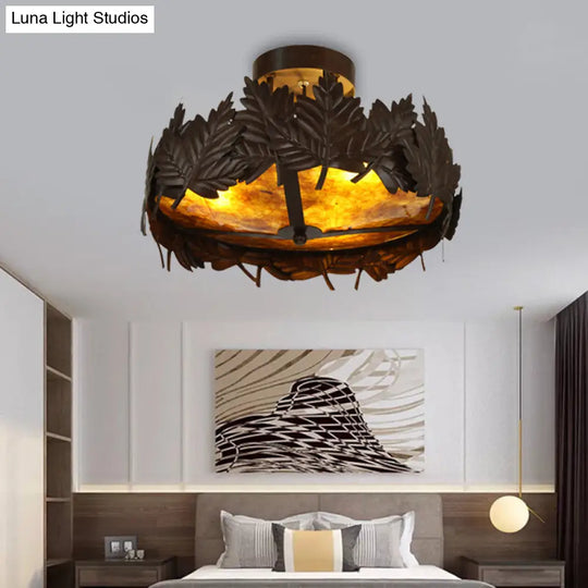 Rustic Maple Leaf Metal Semi Flush 3-Light Ceiling Fixture In Bronze For Living Room