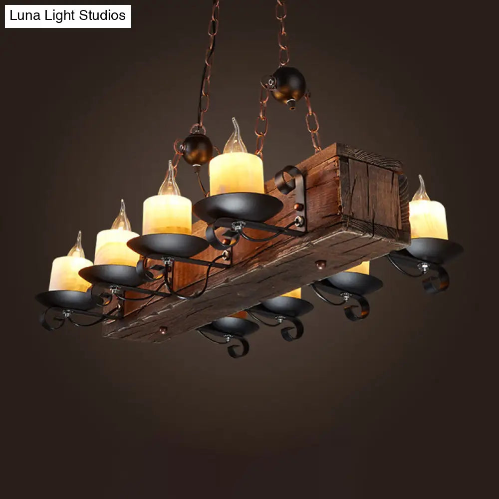 Rustic Marble Candle Pendant Light With Wood Design - 6/8-Light Island Hanging Lamp In Brown