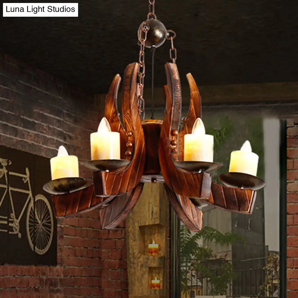 Rustic Cylinder Pendant Chandelier: Marble 4 Lights Brown With Wood Accents