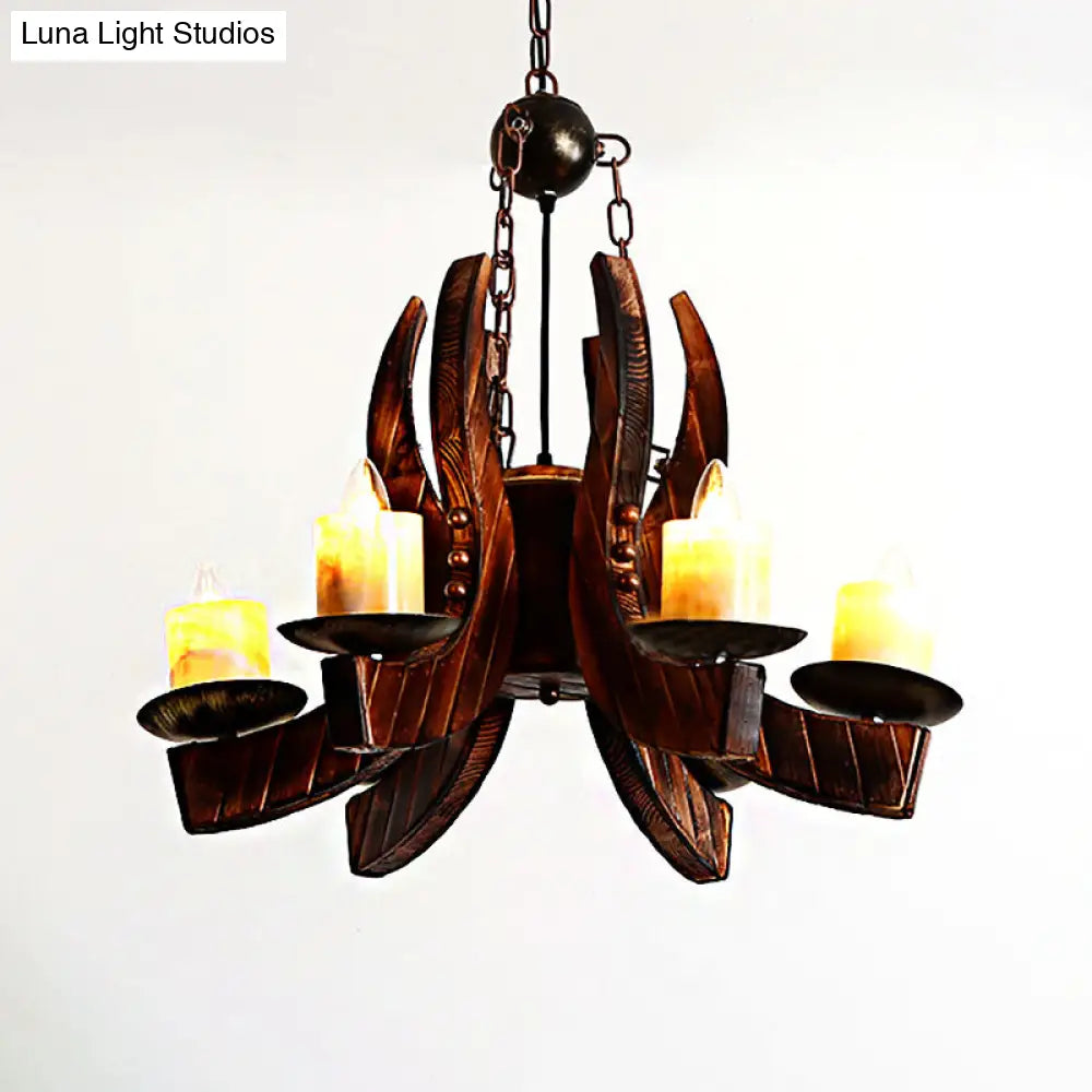 Rustic Cylinder Pendant Chandelier: Marble 4 Lights Brown With Wood Accents