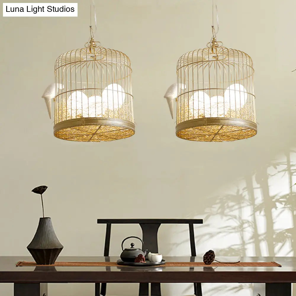 Rustic Matte White Glass Chandelier: Elegant Egg Shaped Hanging Light Fixture With Birdcage Design