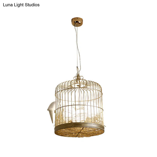 Rustic Matte White Glass Egg Shaped Chandelier With Bird And Birdcage - 3 Light Hanging Fixture