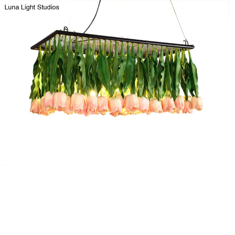 Rustic Metal 4-Light Green Island Tulip Bouquet Suspension Lamp - Restaurant Light Fixture