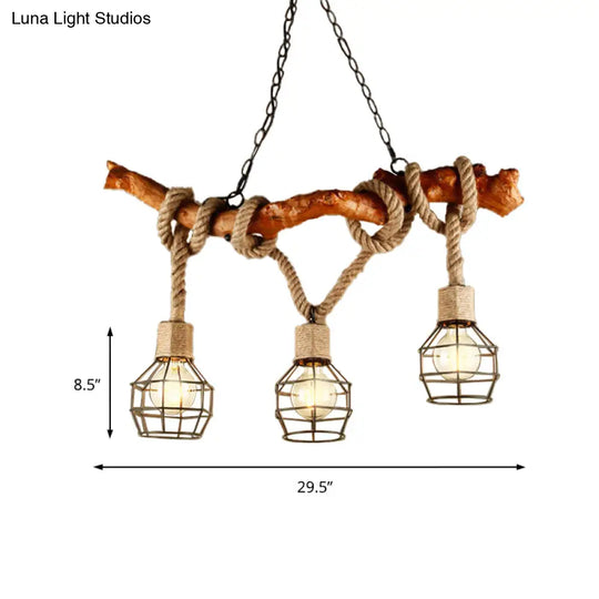 Rustic Metal And Rope Beige Island Pendant Light With 3 Lights Globe Cage