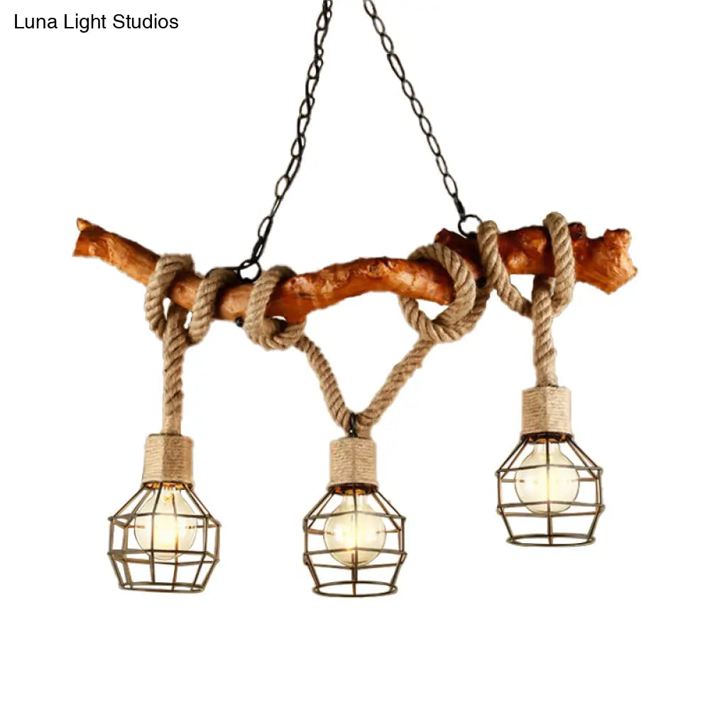 Rustic Metal And Rope Beige Island Pendant Light With 3 Lights Globe Cage