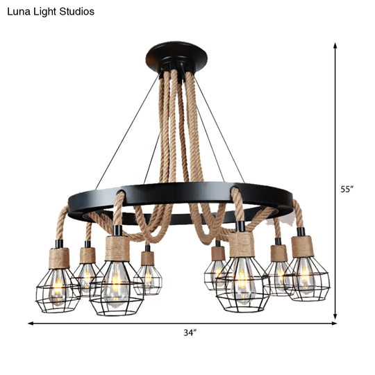 Rustic Metal And Rope Chandelier: Globe Pendant Lighting For Dining Room (6/8 Light) In Black With