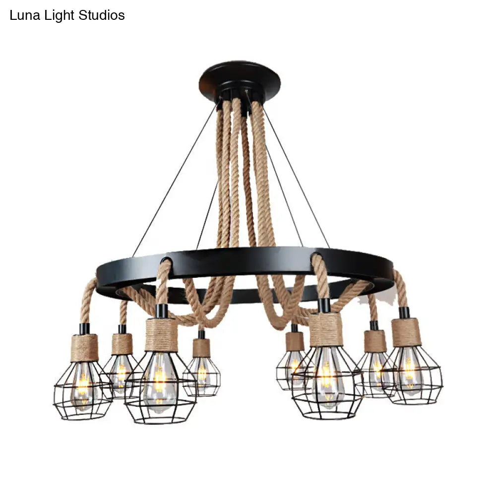 Rustic Metal And Rope Chandelier - Globe Pendant Lighting 6/8 Light Black With Ring