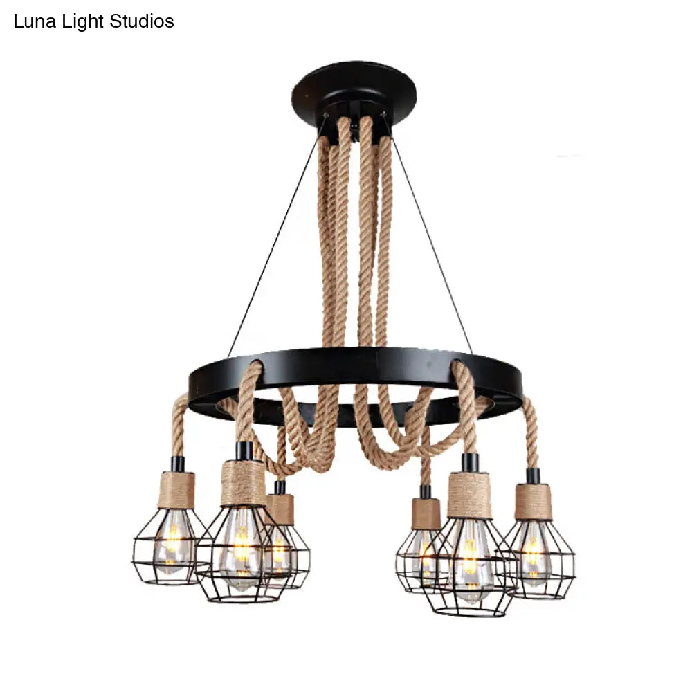 Rustic Metal And Rope Chandelier: Globe Pendant Lighting For Dining Room (6/8 Light) In Black With