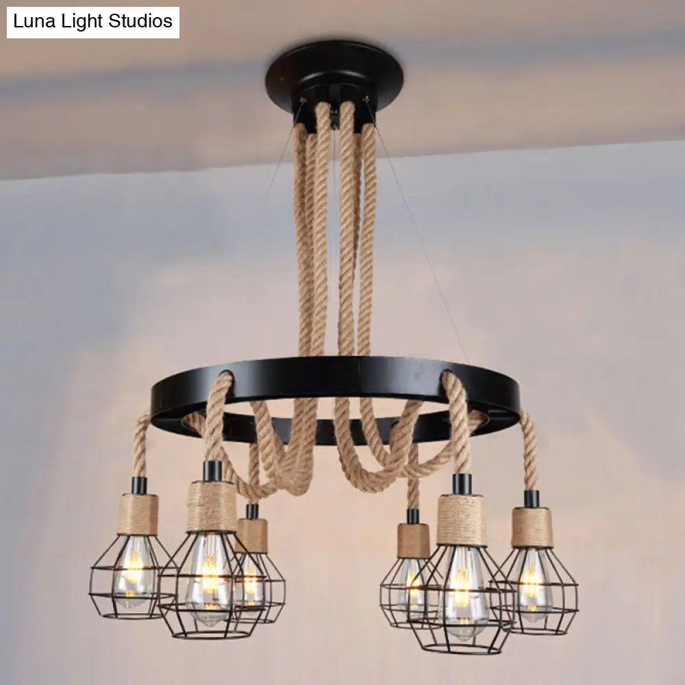 Rustic Metal And Rope Chandelier - Globe Pendant Lighting 6/8 Light Black With Ring 6 /