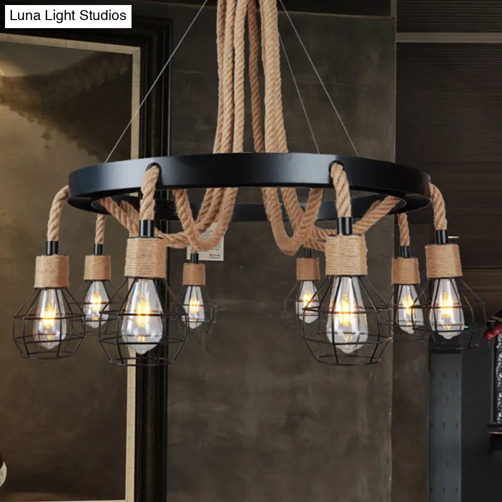 Rustic Metal And Rope Chandelier - Globe Pendant Lighting 6/8 Light Black With Ring 8 /