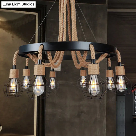 Rustic Metal And Rope Chandelier - Globe Pendant Lighting 6/8 Light Black With Ring 8 /