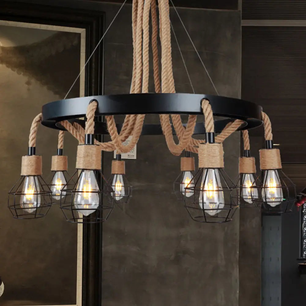 Rustic Metal And Rope Chandelier: Globe Pendant Lighting For Dining Room (6/8 Light) In Black With