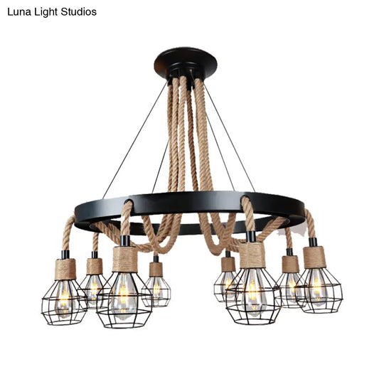 Rustic Metal And Rope Chandelier: Globe Pendant Lighting For Dining Room (6/8 Light) In Black With