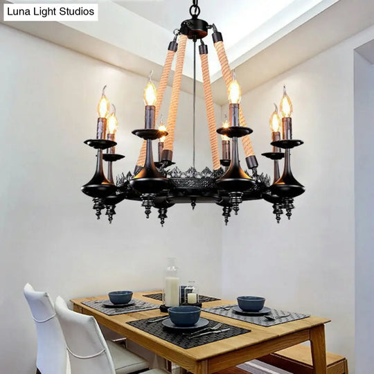 Rustic Metal & Rope Pendant Chandelier Black 3/6/8-Light Candle Dining Room Hanging Ceiling Fixture