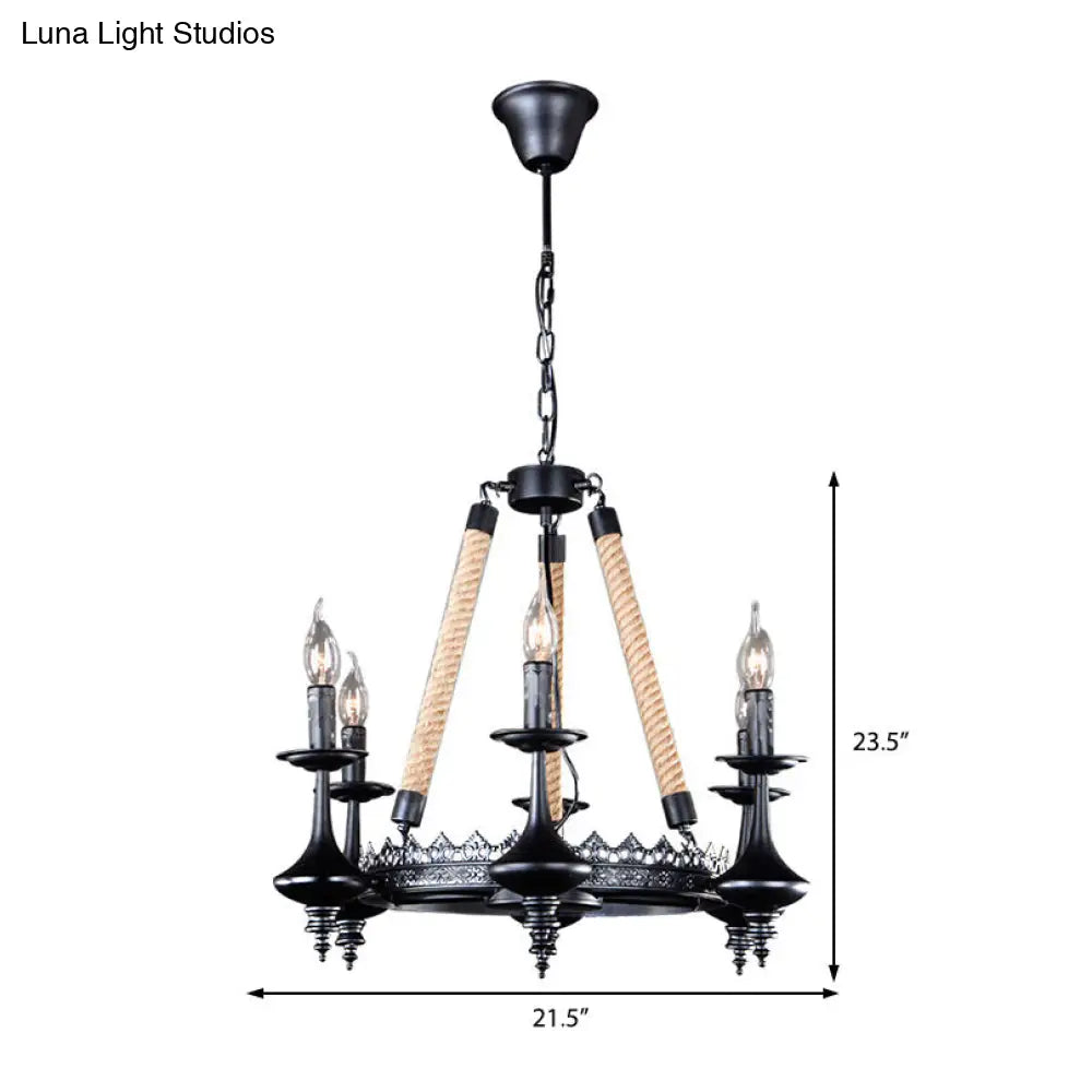 Rustic Metal & Rope Pendant Chandelier Black 3/6/8-Light Candle Dining Room Hanging Ceiling Fixture