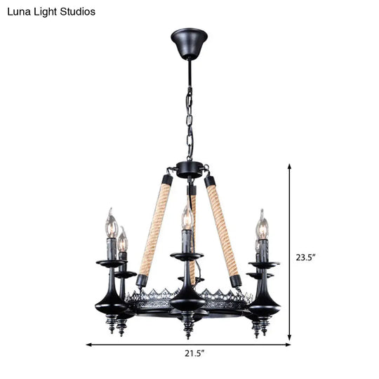 Rustic Metal & Rope Pendant Chandelier Black 3/6/8-Light Candle Dining Room Hanging Ceiling Fixture