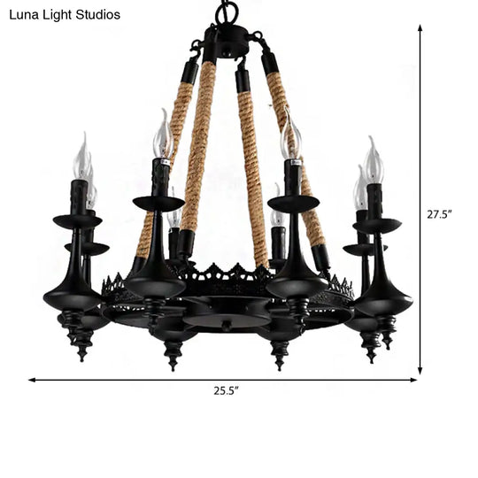 Rustic Metal And Rope Pendant Chandelier With 3/6/8 Lights - Black Candle Dining Room Hanging