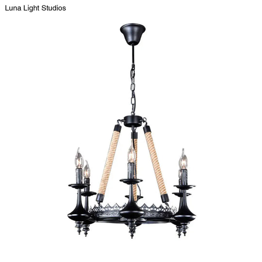 Rustic Metal & Rope Pendant Chandelier Black 3/6/8-Light Candle Dining Room Hanging Ceiling Fixture