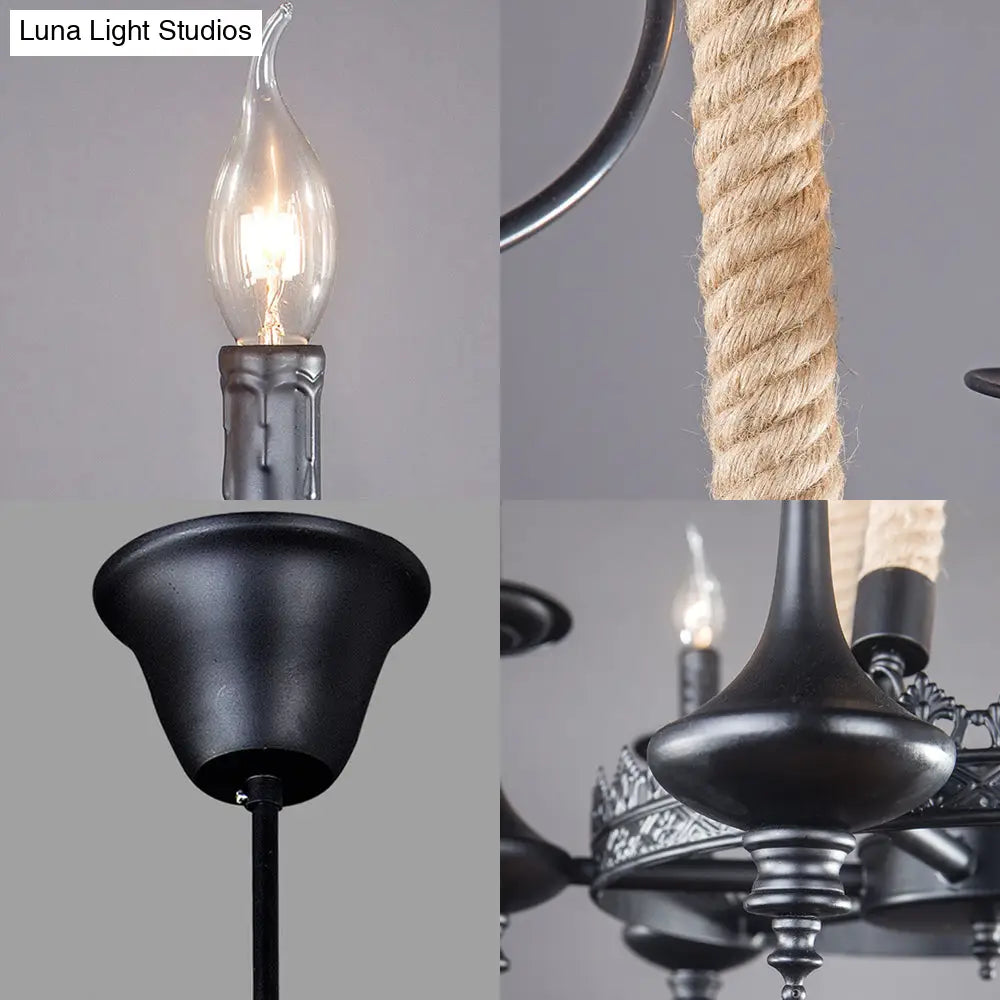 Rustic Metal And Rope Pendant Chandelier With 3/6/8 Lights - Black Candle Dining Room Hanging