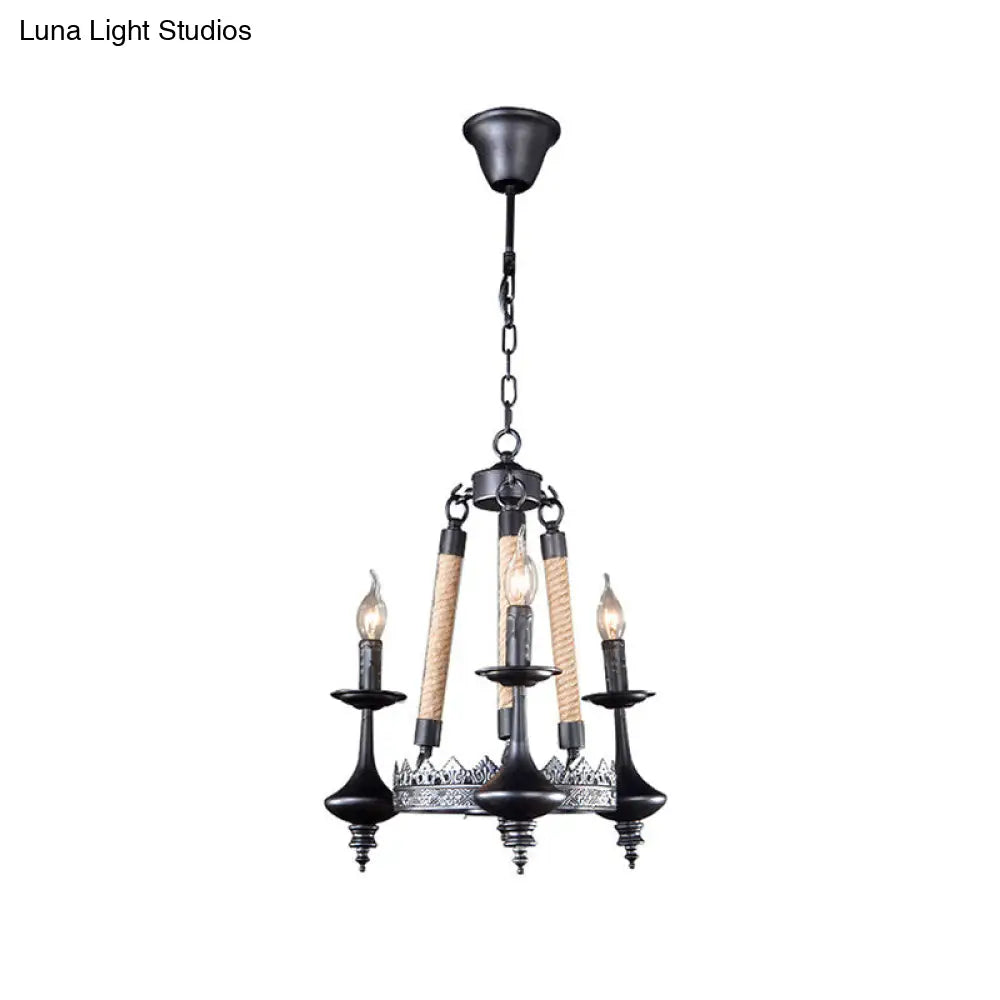 Rustic Metal & Rope Pendant Chandelier Black 3/6/8-Light Candle Dining Room Hanging Ceiling Fixture