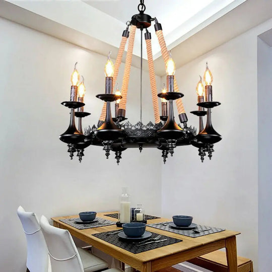 Rustic Metal And Rope Pendant Chandelier With 3/6/8 Lights - Black Candle Dining Room Hanging