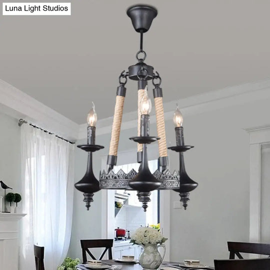 Rustic Metal & Rope Pendant Chandelier Black 3/6/8-Light Candle Dining Room Hanging Ceiling Fixture