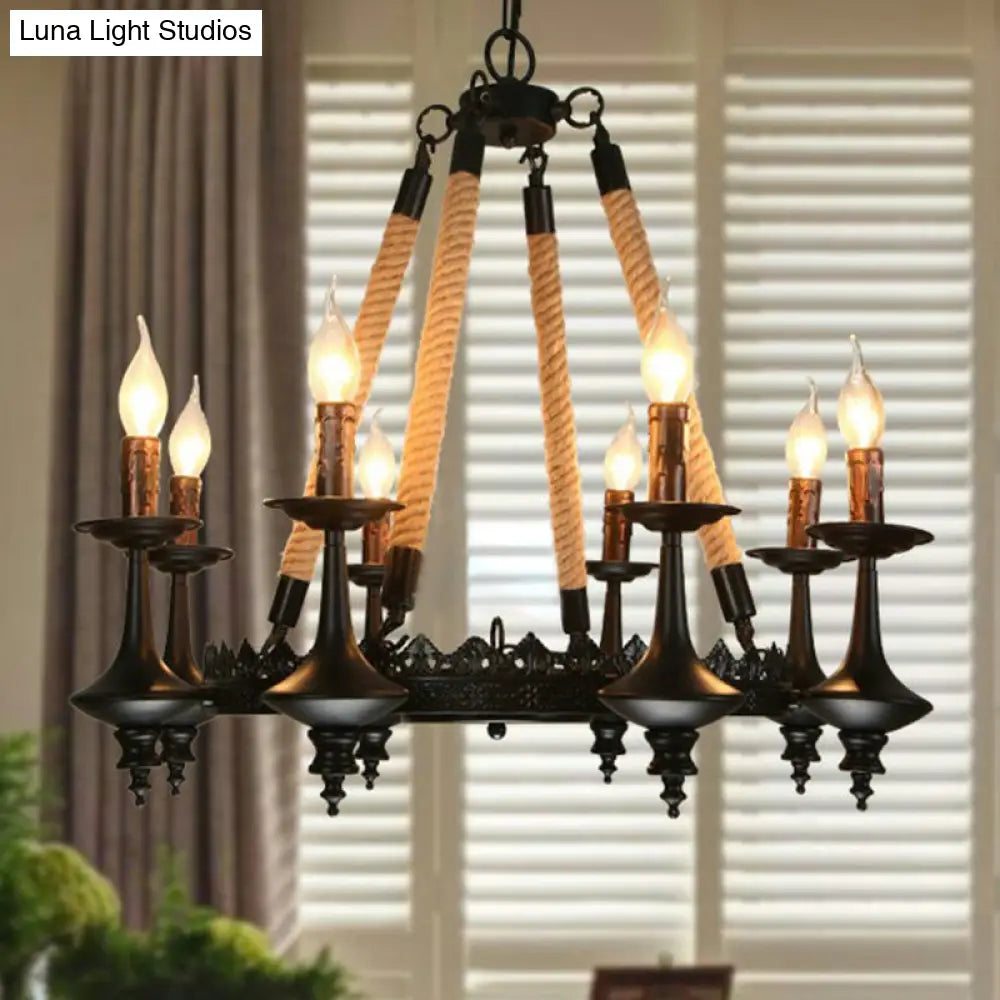 Rustic Metal & Rope Pendant Chandelier Black 3/6/8-Light Candle Dining Room Hanging Ceiling Fixture