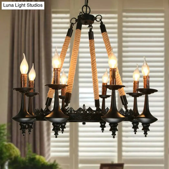 Rustic Metal & Rope Pendant Chandelier Black 3/6/8-Light Candle Dining Room Hanging Ceiling Fixture