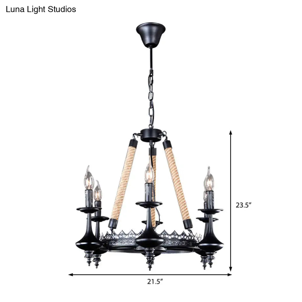 Rustic Metal And Rope Pendant Chandelier With 3/6/8 Lights - Black Candle Dining Room Hanging