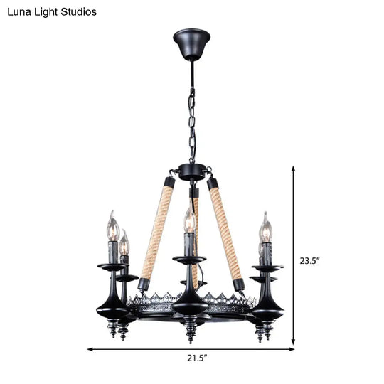 Rustic Metal And Rope Pendant Chandelier With 3/6/8 Lights - Black Candle Dining Room Hanging