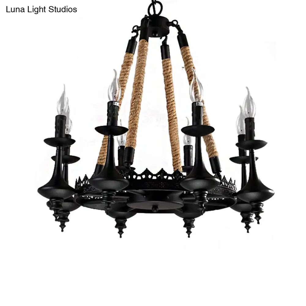 Rustic Metal And Rope Pendant Chandelier With 3/6/8 Lights - Black Candle Dining Room Hanging