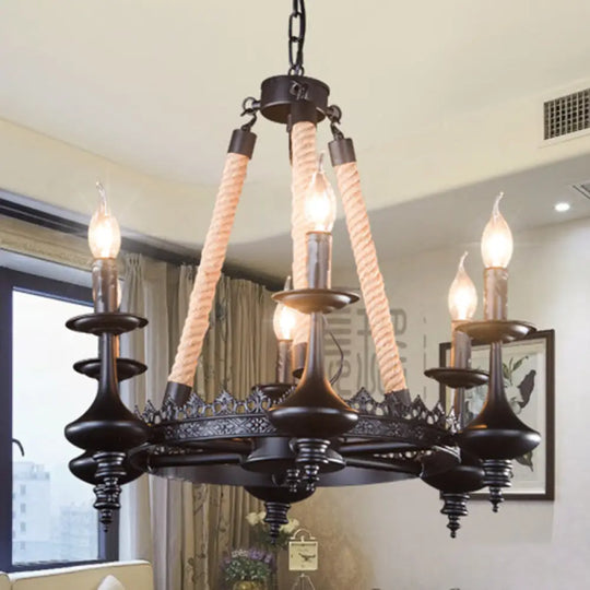 Rustic Metal And Rope Pendant Chandelier With 3/6/8 Lights - Black Candle Dining Room Hanging