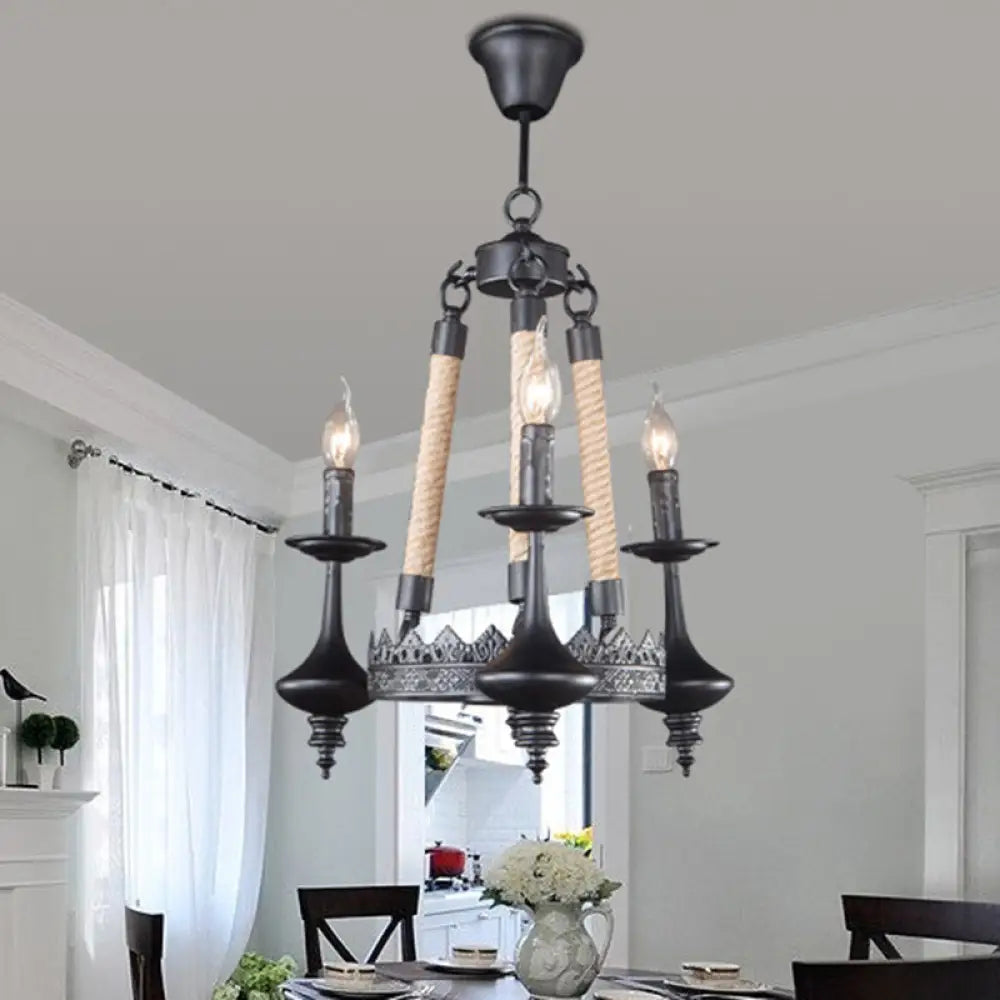 Rustic Metal And Rope Pendant Chandelier With 3/6/8 Lights - Black Candle Dining Room Hanging