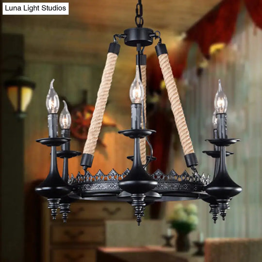 Rustic Metal & Rope Pendant Chandelier Black 3/6/8-Light Candle Dining Room Hanging Ceiling Fixture