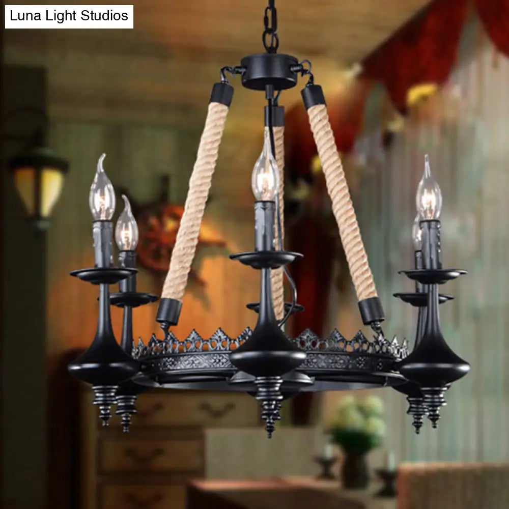 Rustic Metal And Rope Pendant Chandelier With 3/6/8 Lights - Black Candle Dining Room Hanging