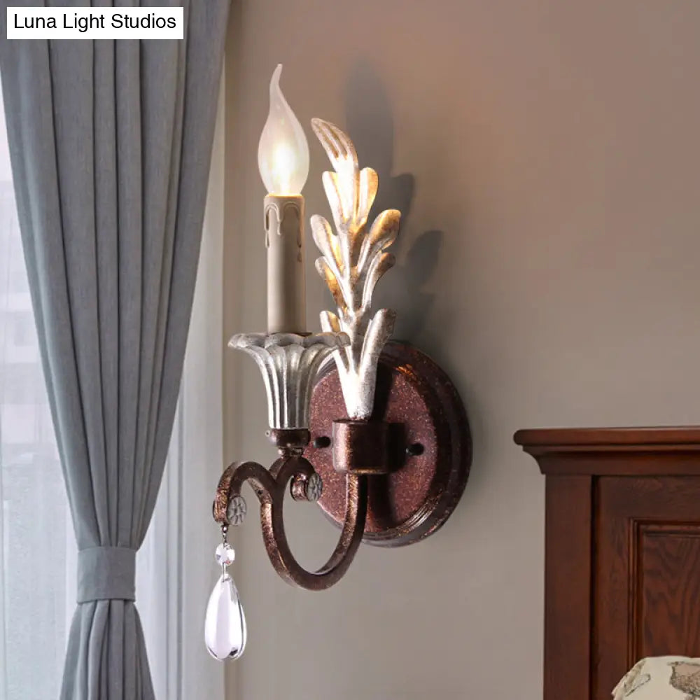 Rustic Metal Bedroom Wall Lamp With Crystal Accent And Curved Arm