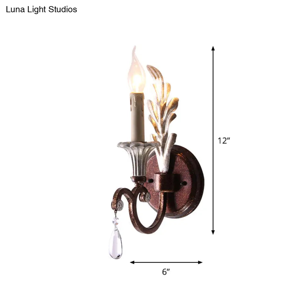 Rustic Metal Bedroom Wall Lamp With Crystal Accent And Curved Arm