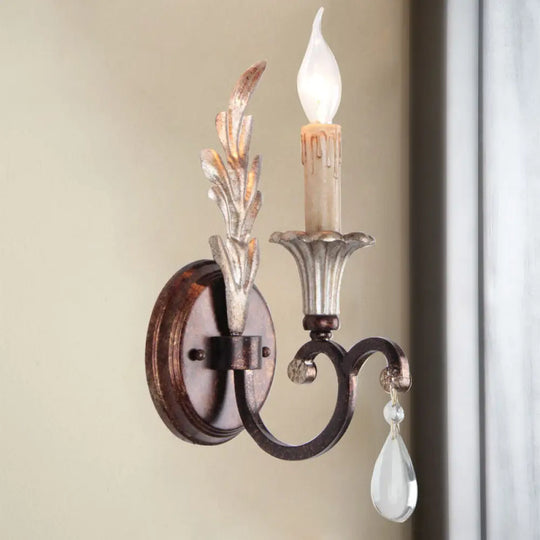 Rustic Metal Bedroom Wall Lamp With Crystal Accent And Curved Arm Rust