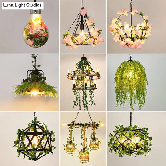 Rustic Metal Bird Nest Pendant Light With Ivy Decor 4 Bulbs Restaurant Hanging In Green