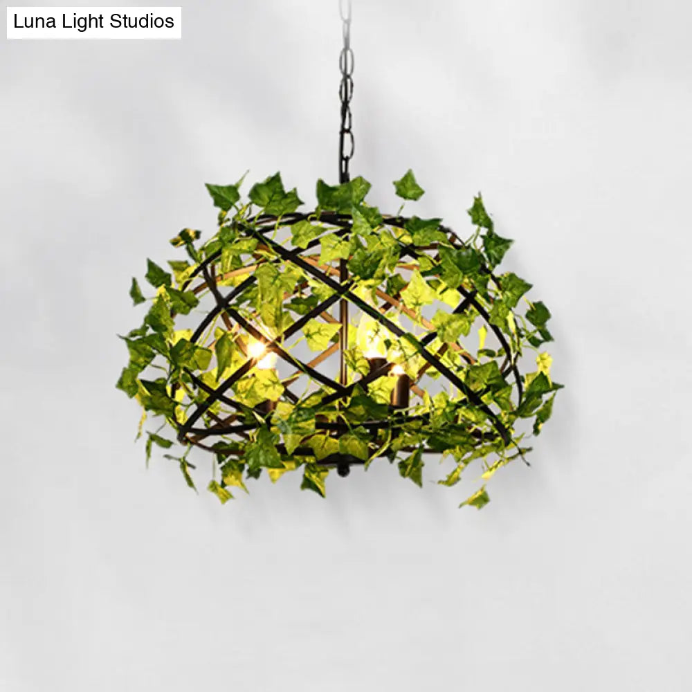 Rustic Metal Bird Nest Pendant Light With Ivy Decor 4 Bulbs Restaurant Hanging In Green