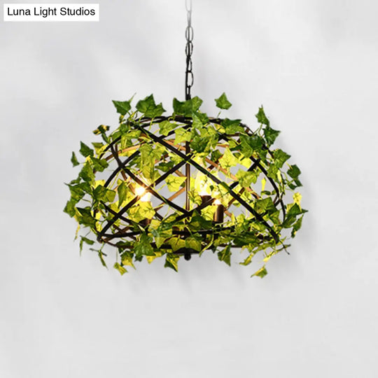 Rustic Metal Bird Nest Pendant Light With Ivy Decor 4 Bulbs Restaurant Hanging In Green