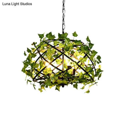 Rustic Metal Bird Nest Pendant Light With Green Ivy Decor 4 Bulbs - Ideal For Restaurants