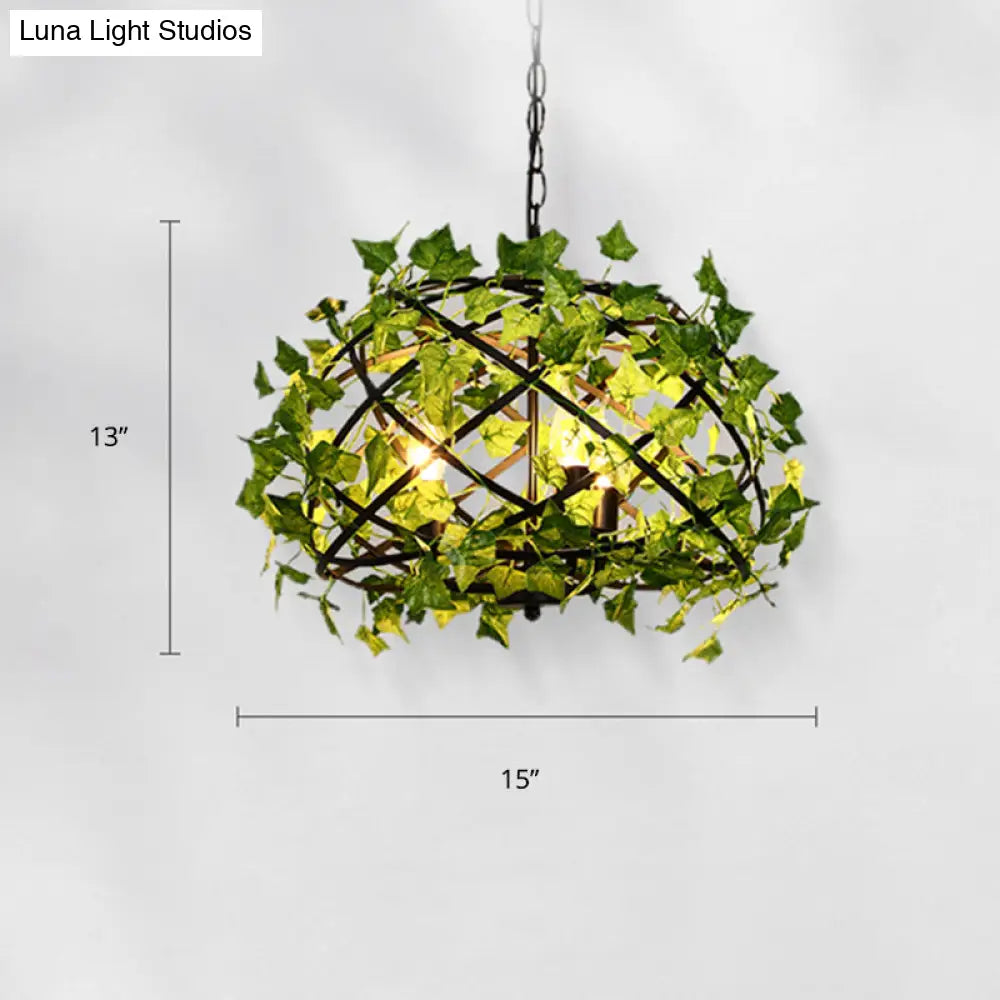 Rustic Metal Bird Nest Pendant Light With Green Ivy Decor 4 Bulbs - Ideal For Restaurants