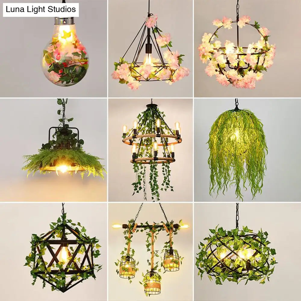 Rustic Metal Bird Nest Pendant Light With Green Ivy Decor 4 Bulbs - Ideal For Restaurants