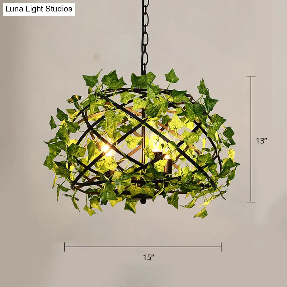 Rustic Metal Bird Nest Pendant Light With Green Ivy Decor 4 Bulbs - Ideal For Restaurants