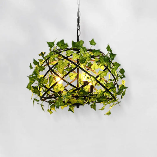 Rustic Metal Bird Nest Pendant Light With Green Ivy Decor 4 Bulbs - Ideal For Restaurants